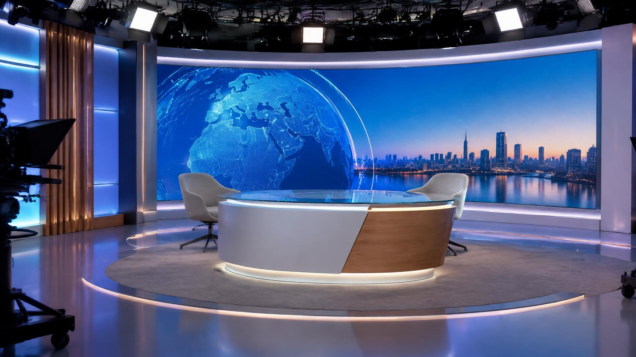 Television studio set with desk and LED backdrop