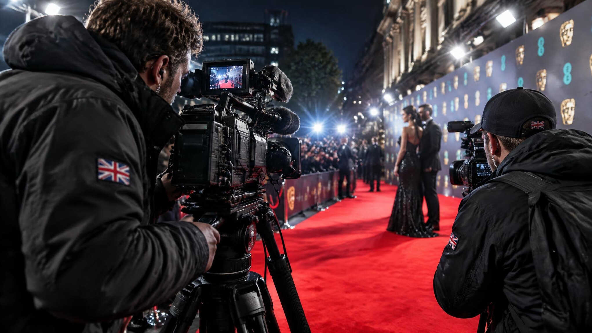 Camera crew filming a red carpet entertainment event at night