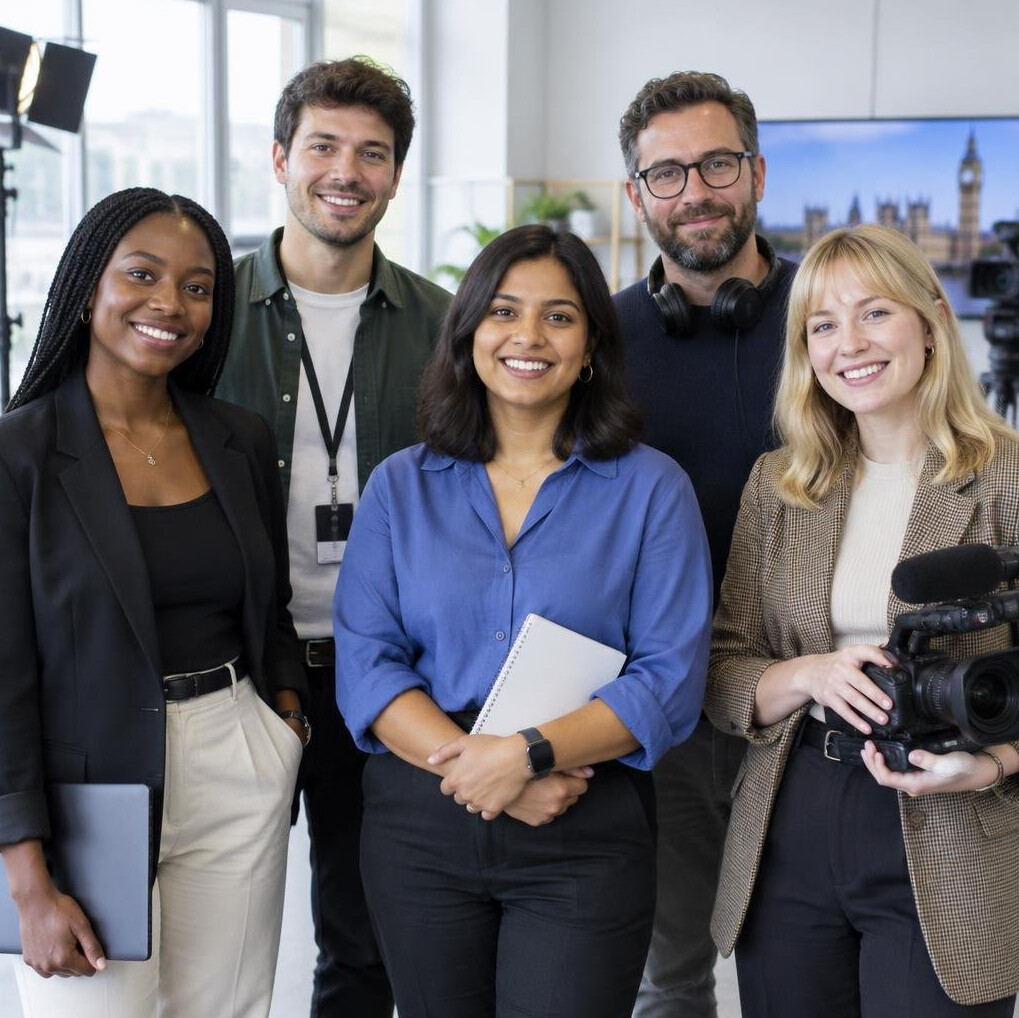 Entertainment production team posing together in a studio