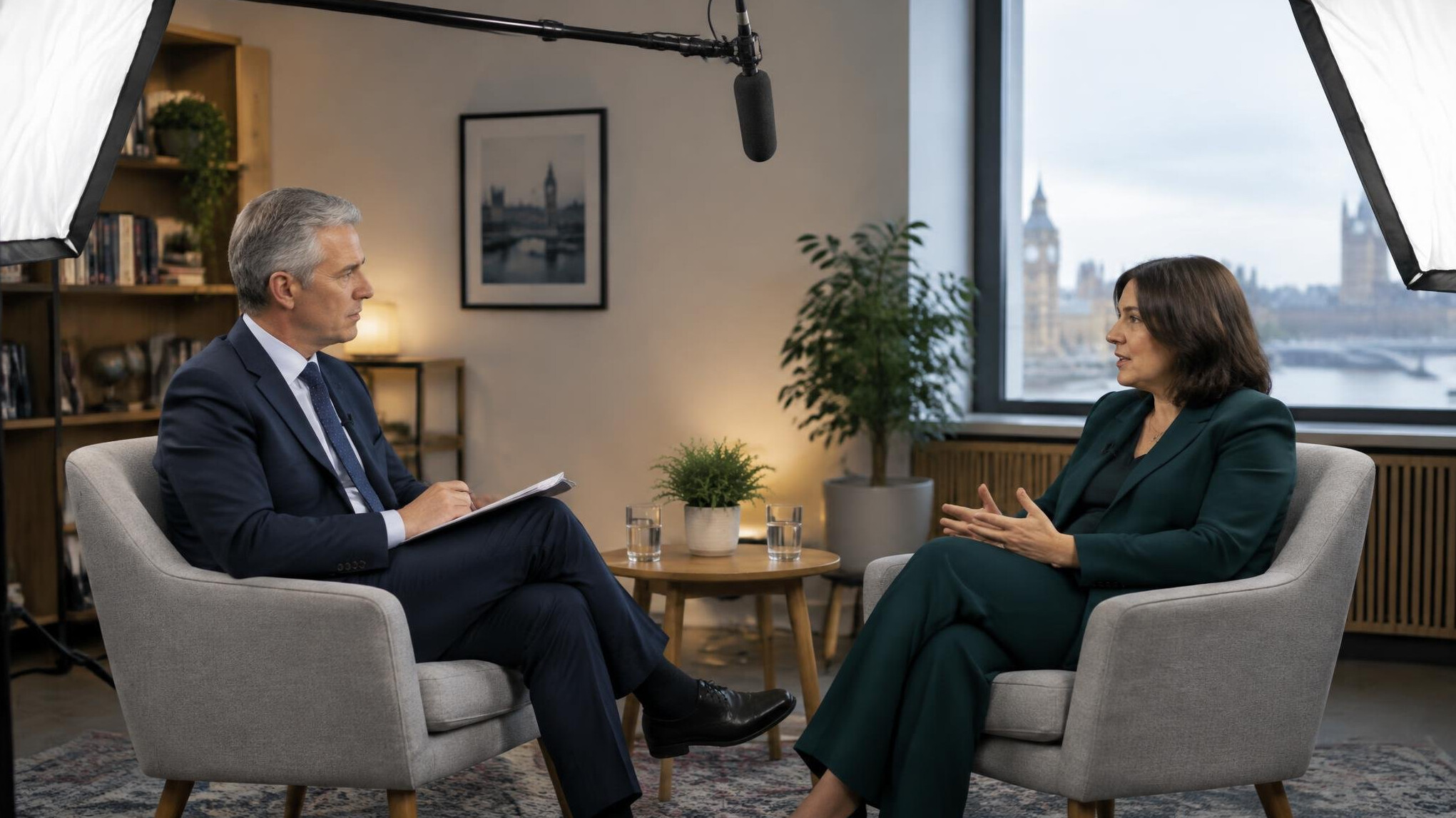 Two people seated for a filmed interview conversation