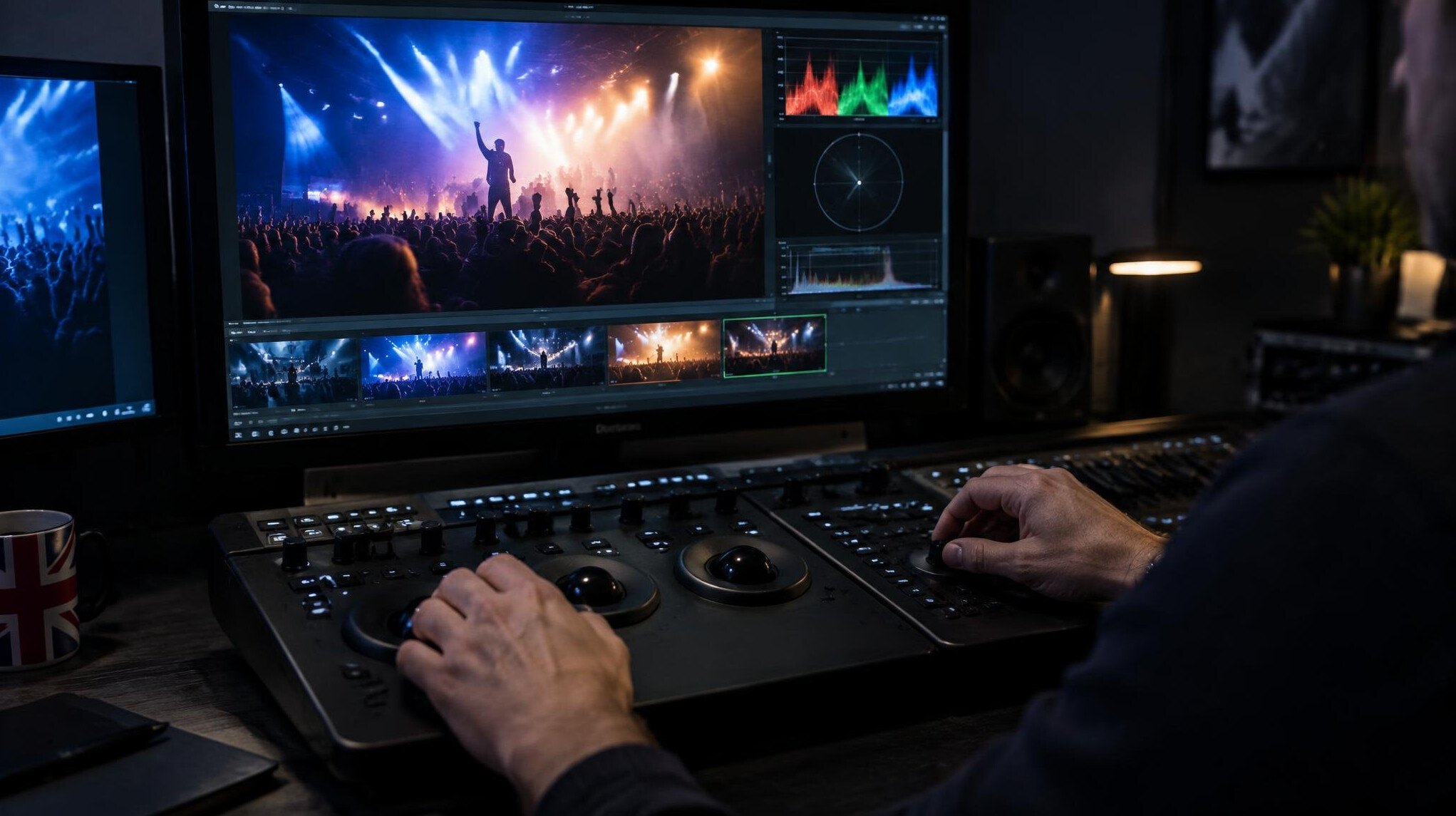 Editor colour grading footage on a monitor
