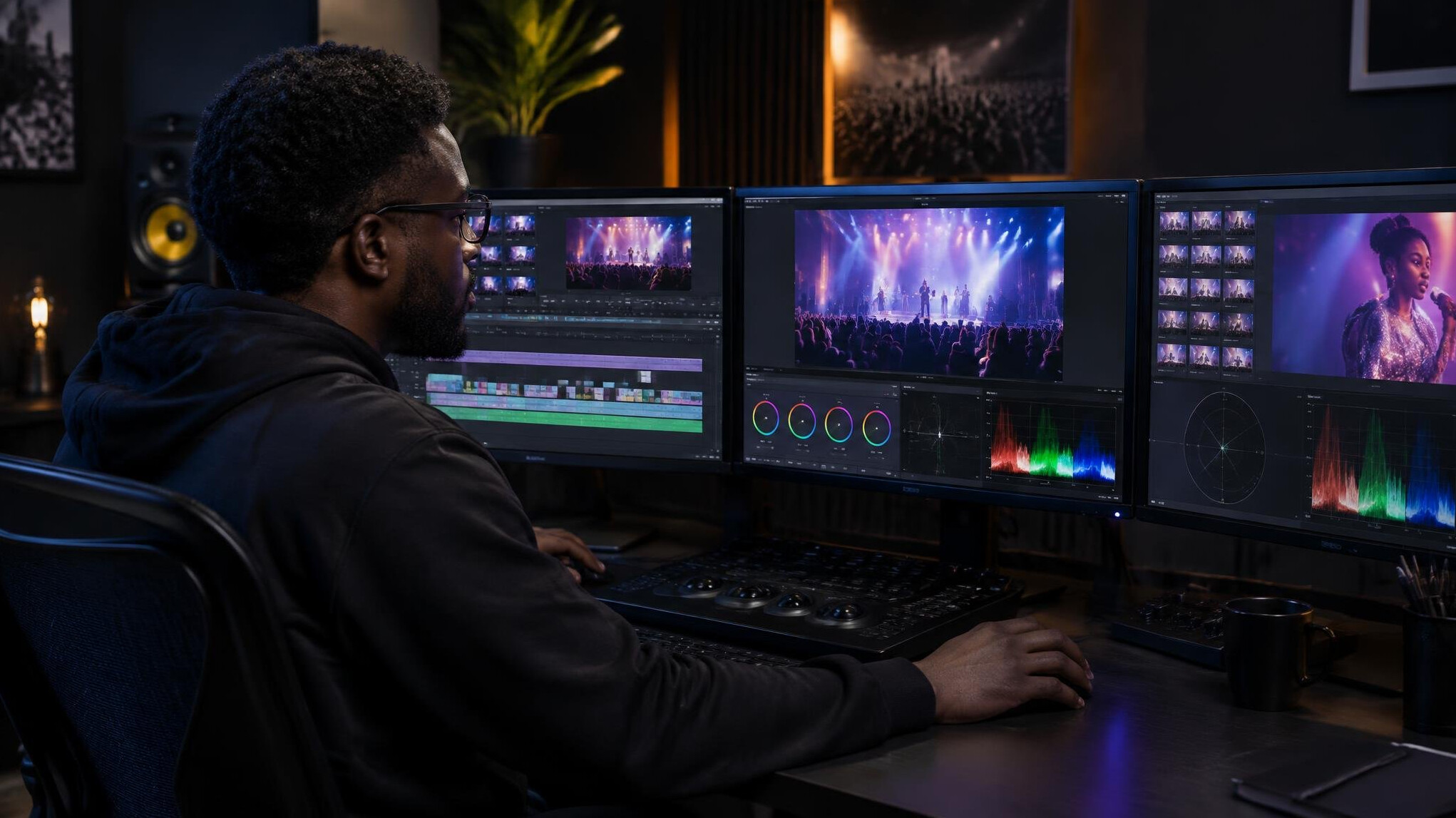 Video editor working on footage across multiple monitors