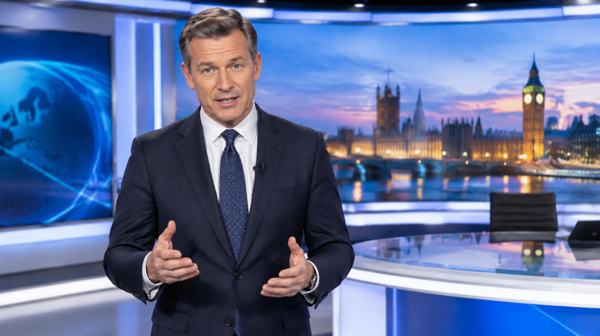 Presenter hosting a segment in a television studio