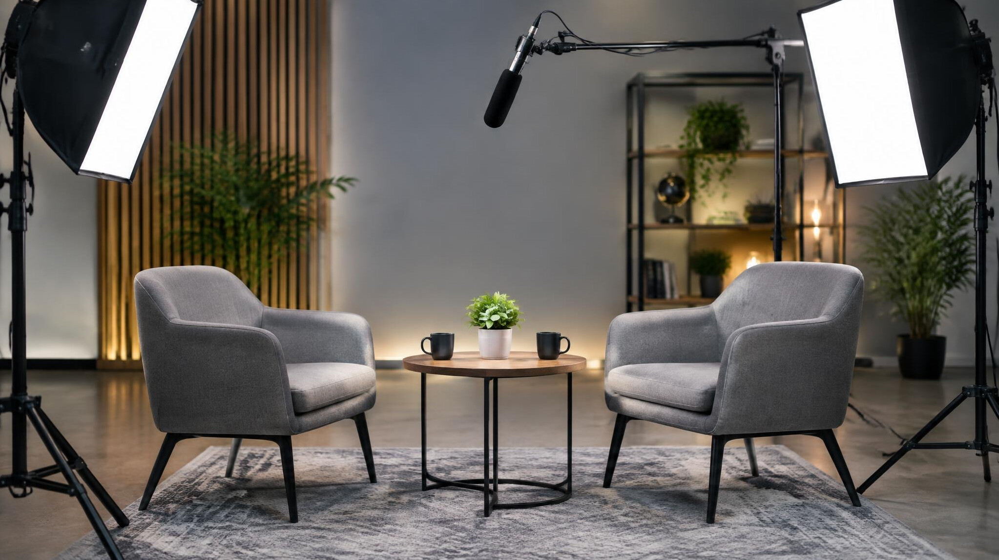 Interview setup with softbox lights and boom microphone