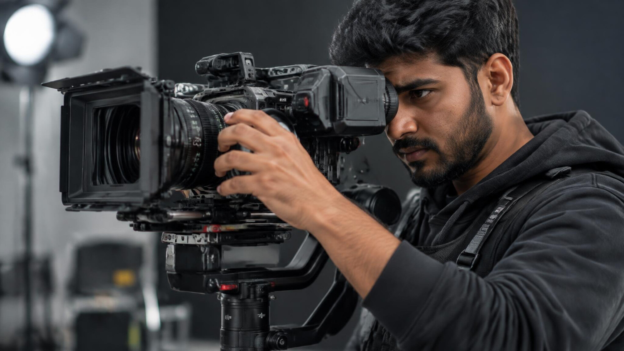 Cinema camera with operator adjusting framing on a gimbal