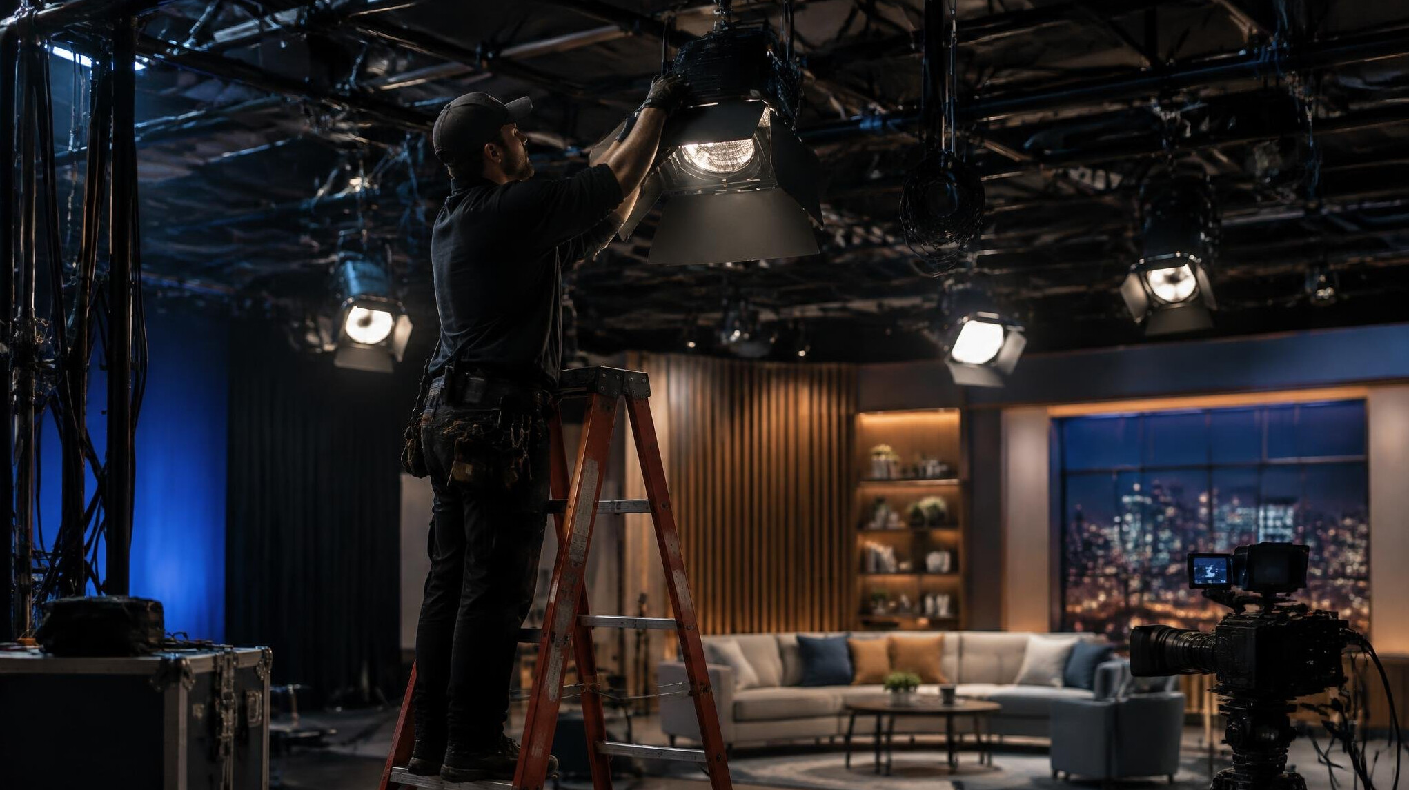 Technician adjusting studio lighting rig above a set